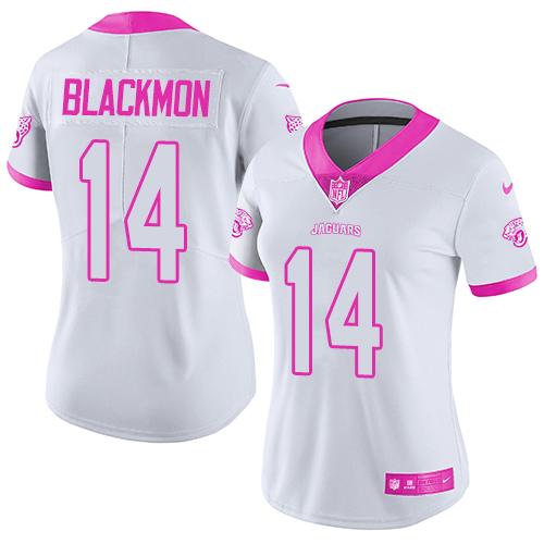 Nike Jacksonville Jaguars #14 Justin Blackmon White Pink Women Stitched NFL Limited Rush Fashion Jersey